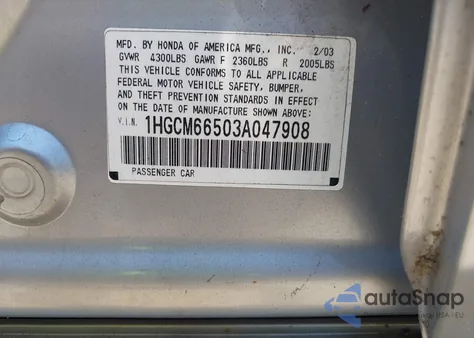 2003 Honda Accord 3.0 Ex from USA, damaged, VIN 1HGCM66503A047908
